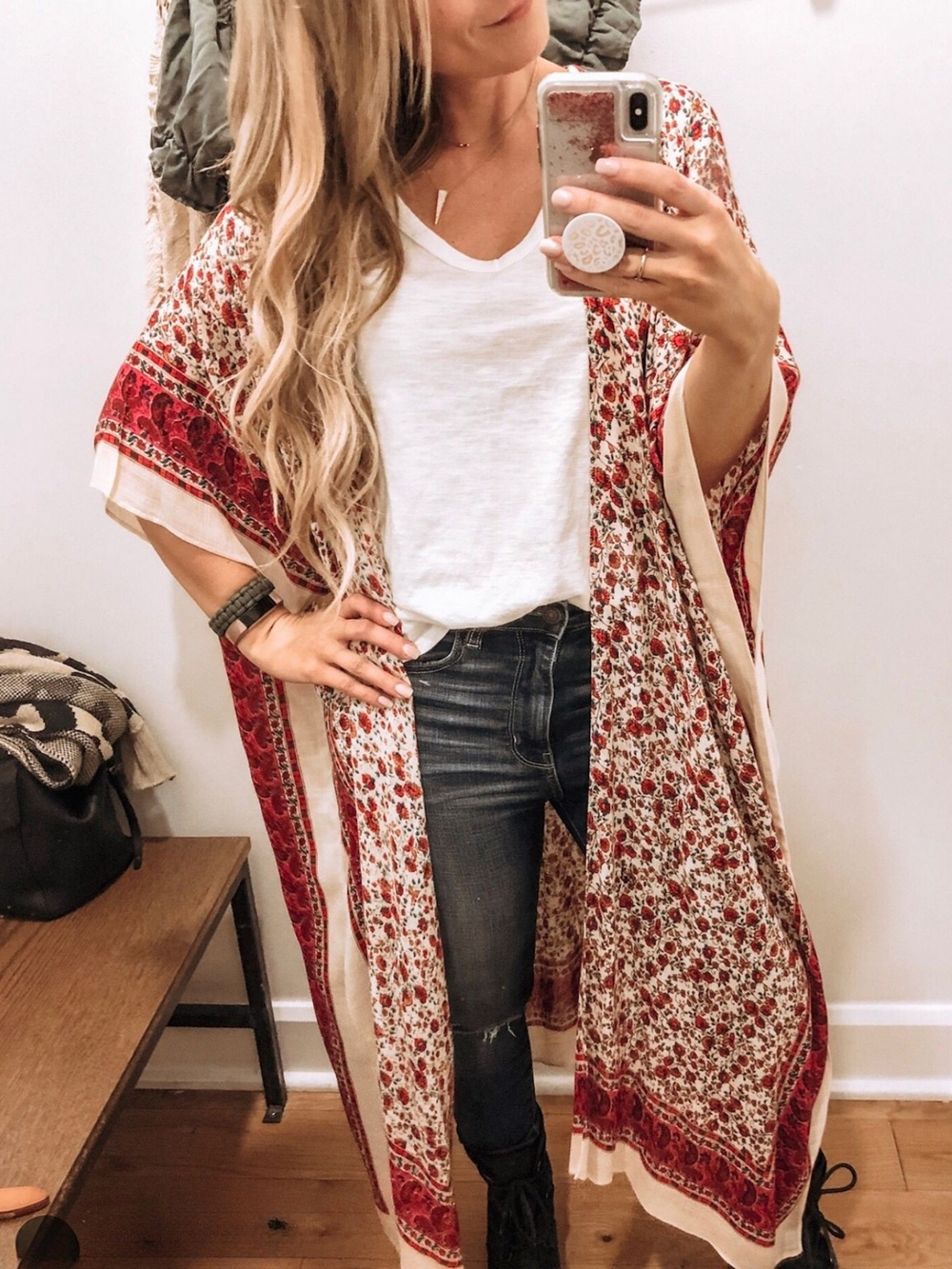 American Eagle Boho Red Floral Duster Kimono - OS